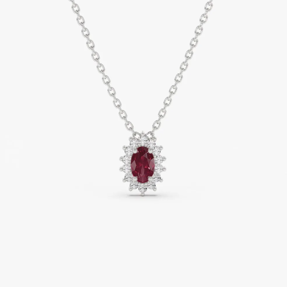 14k Ruby Necklace with Halo Diamonds