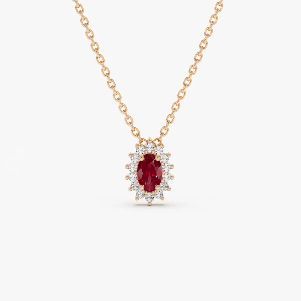 14k Ruby Necklace with Halo Diamonds