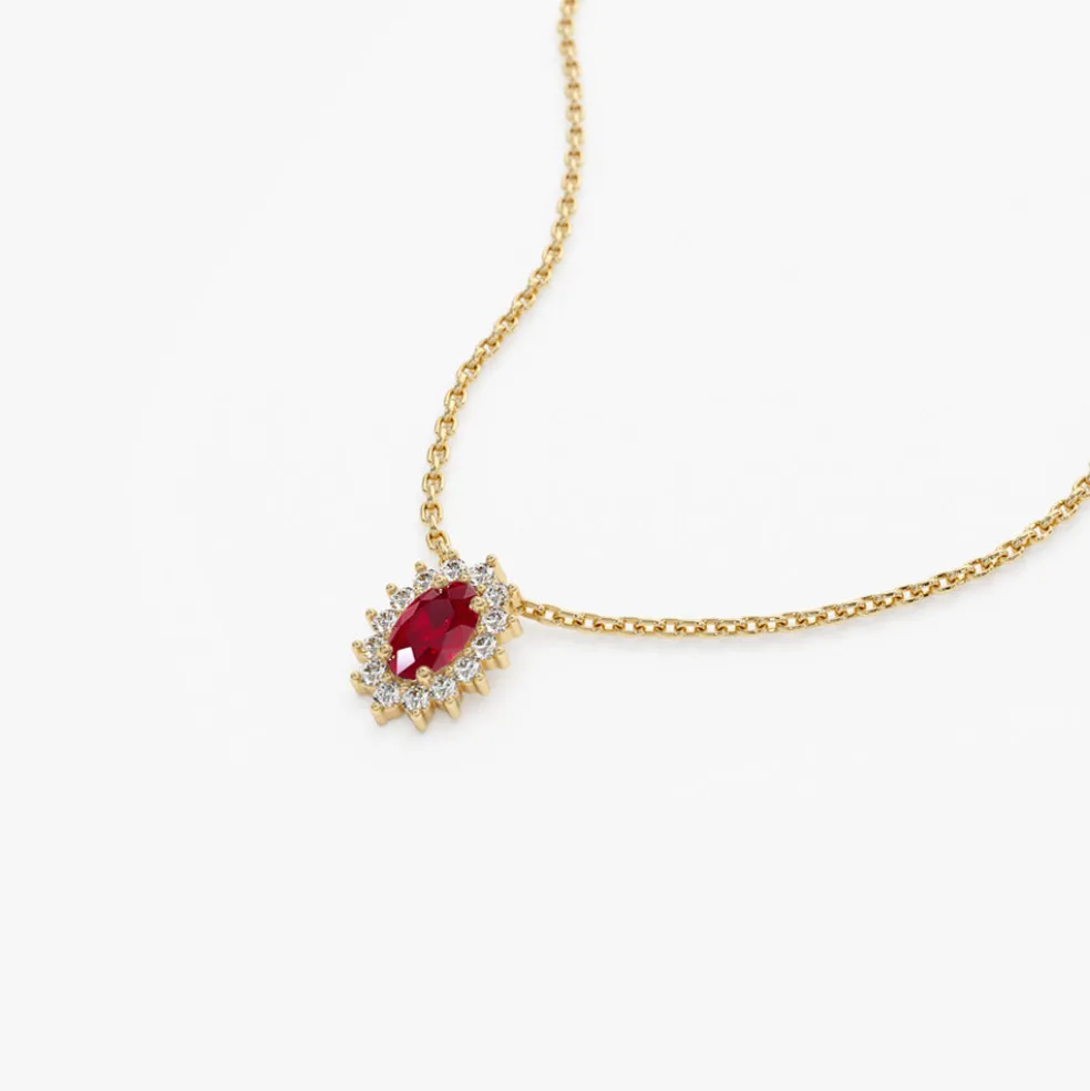 14k Ruby Necklace with Halo Diamonds