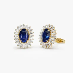 14k Sapphire and Baguette Diamond Ballerina Stud Earrings