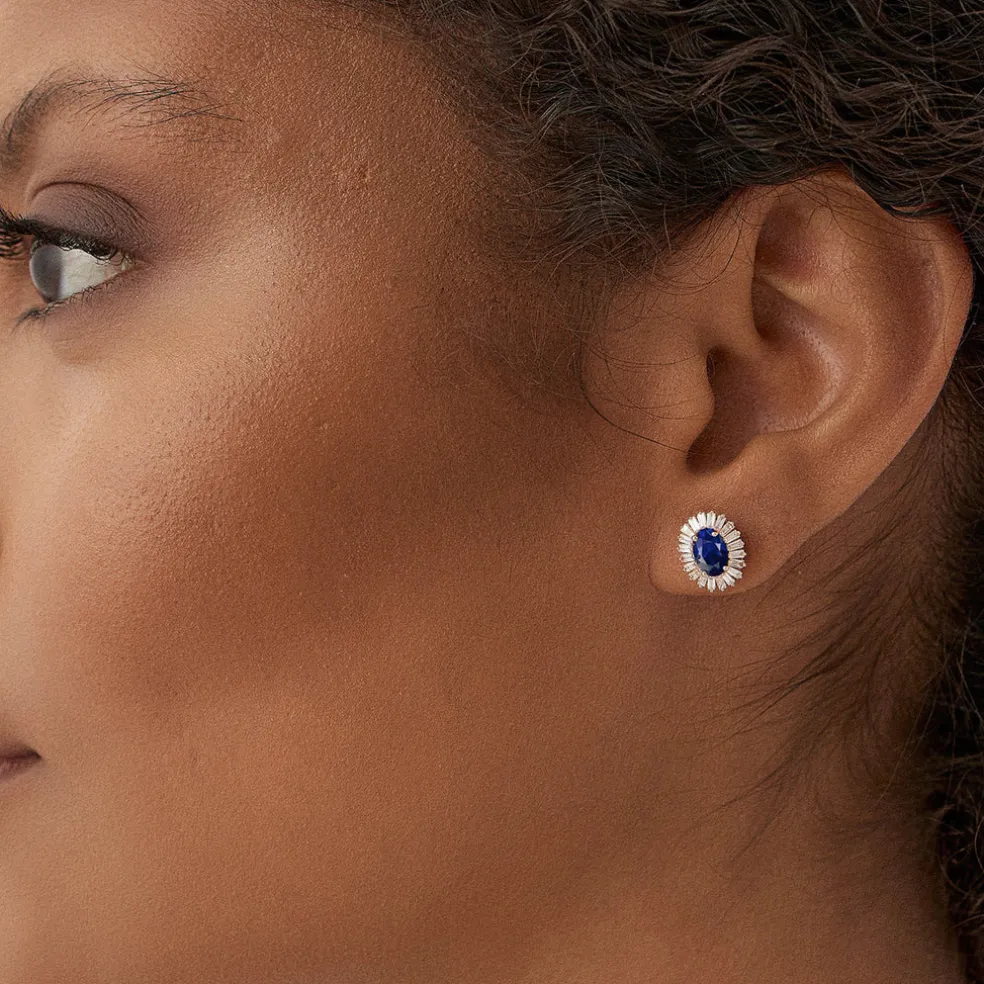 14k Sapphire and Baguette Diamond Ballerina Stud Earrings