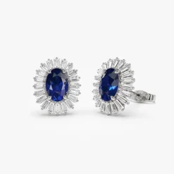 14k Sapphire and Baguette Diamond Ballerina Stud Earrings