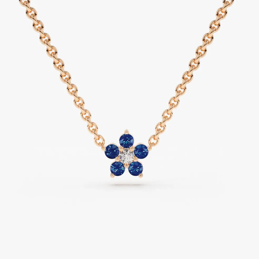 14k Sapphire and Diamond Flower Charm Necklace