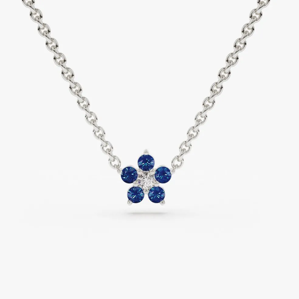 14k Sapphire and Diamond Flower Charm Necklace