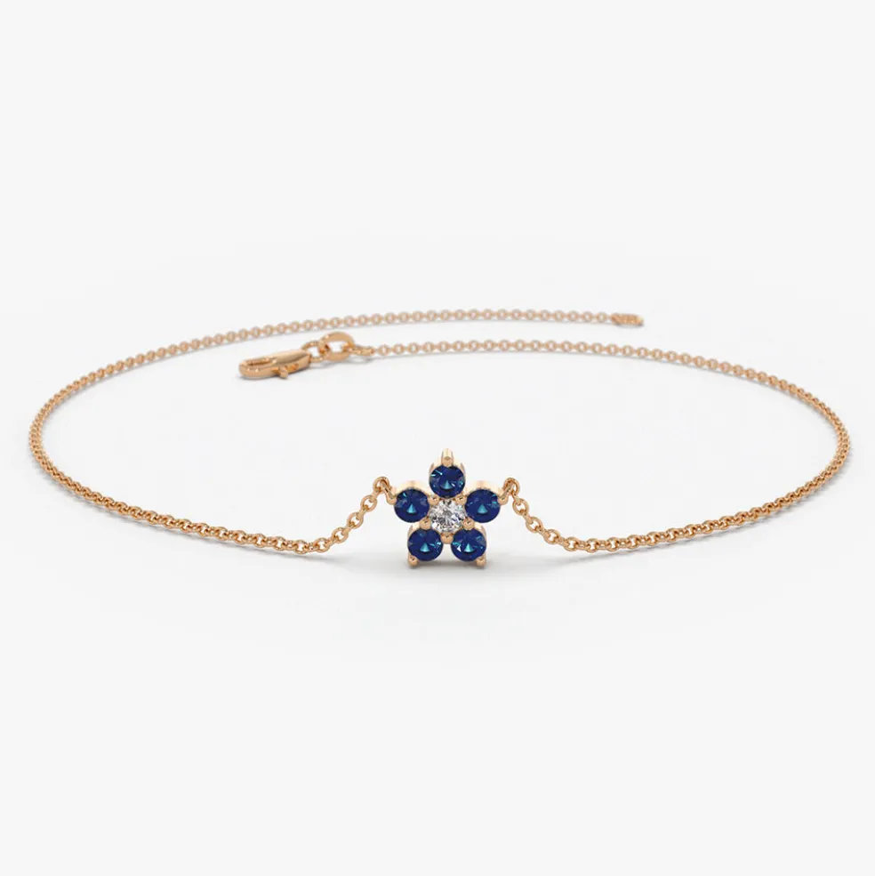 14k Sapphire and Diamond Flower Charm Bracelet