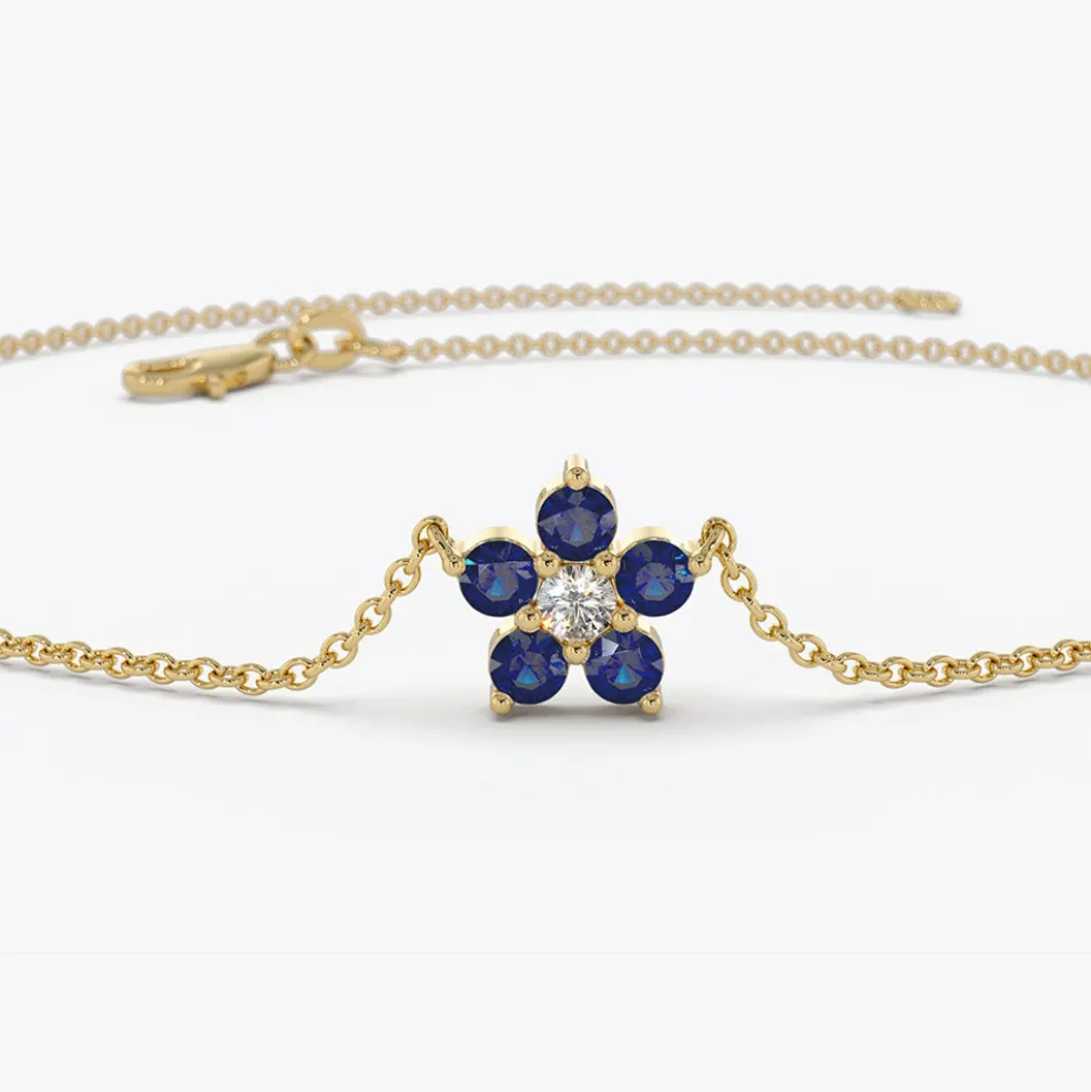 14k Sapphire and Diamond Flower Charm Bracelet