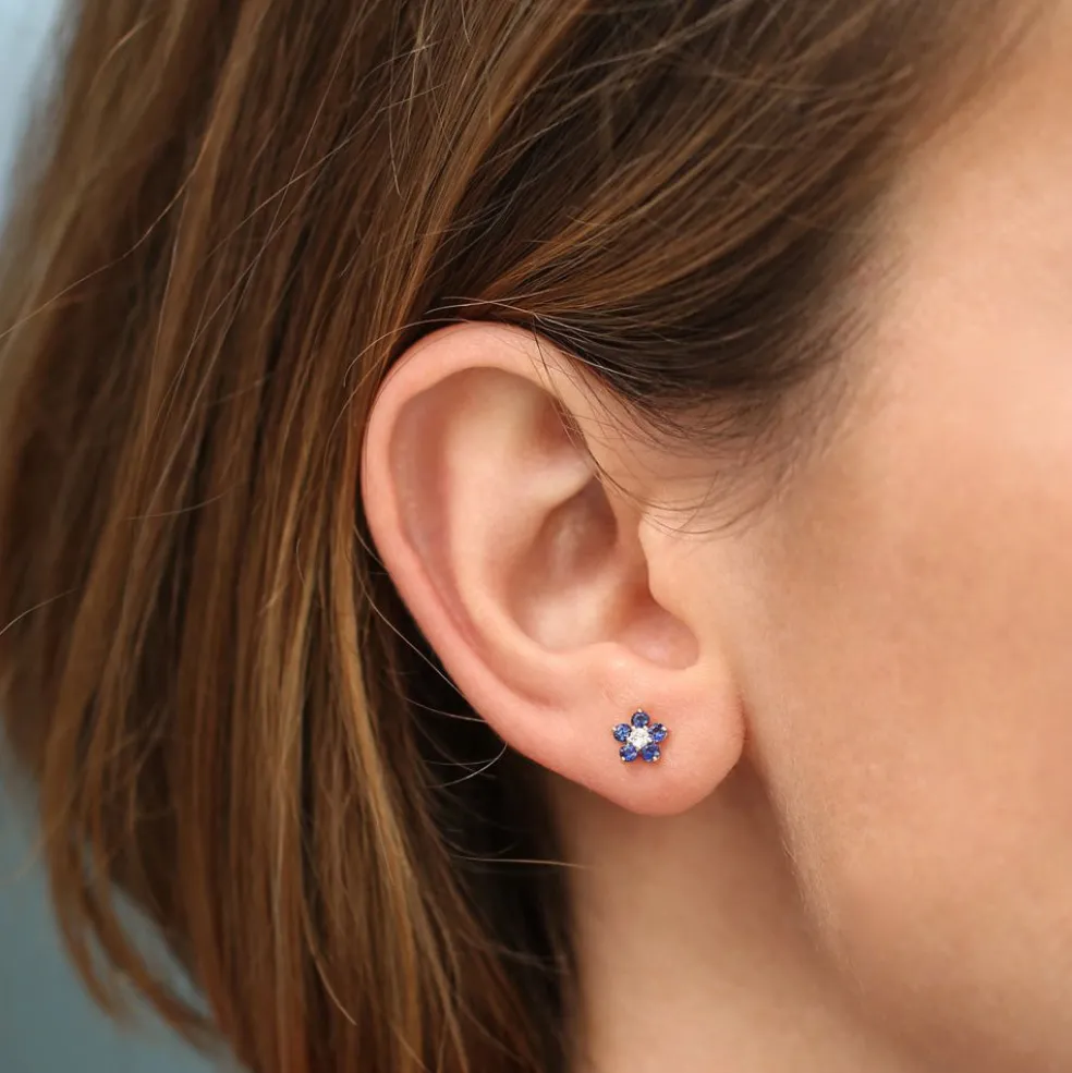 14k Sapphire and Diamond Flower Studs