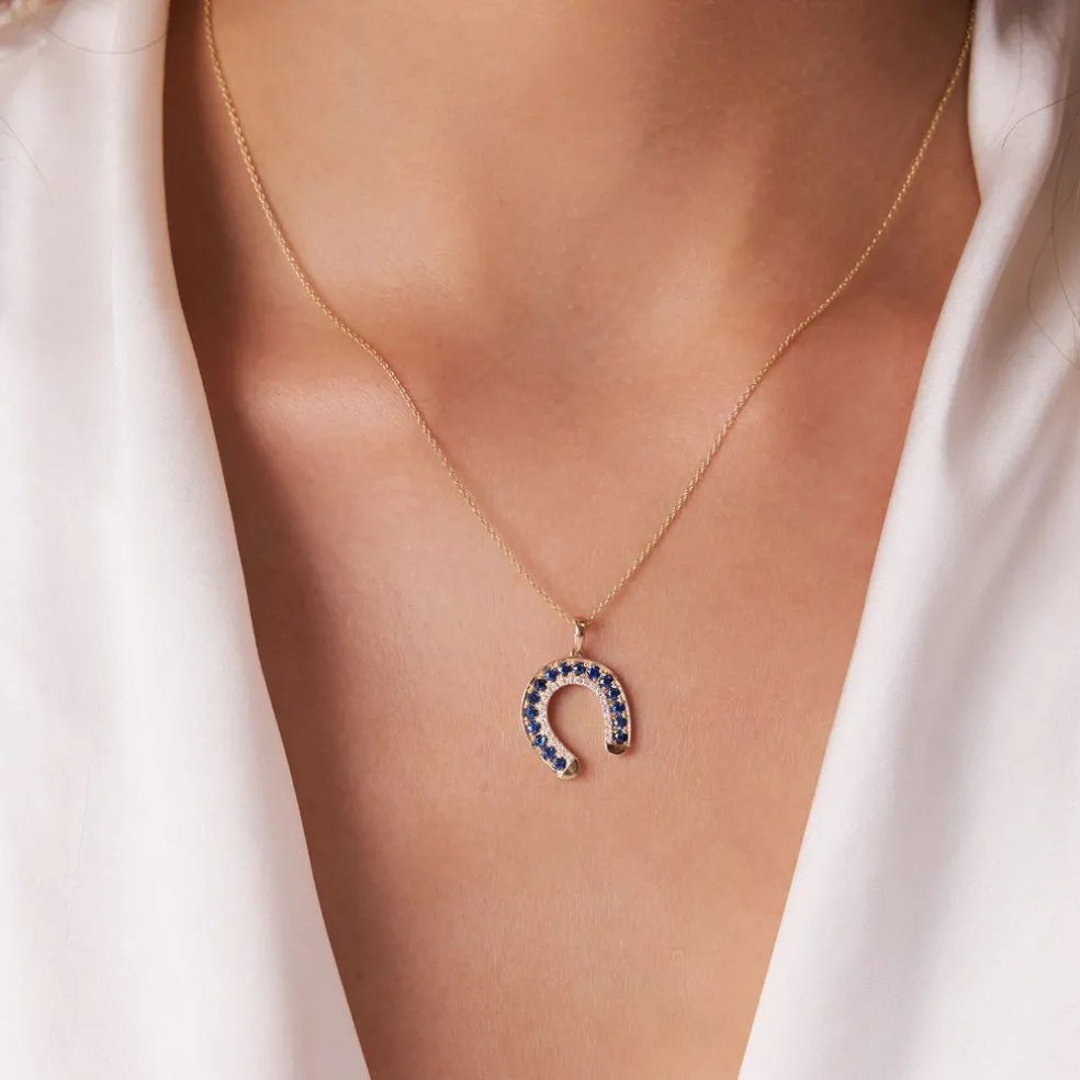 14k Sapphire and Diamond Horseshoe Pendant