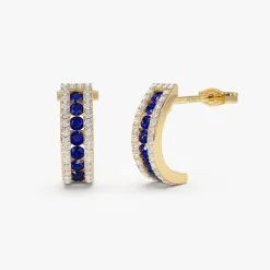 14k Sapphire and Round Diamond Hoop Earrings