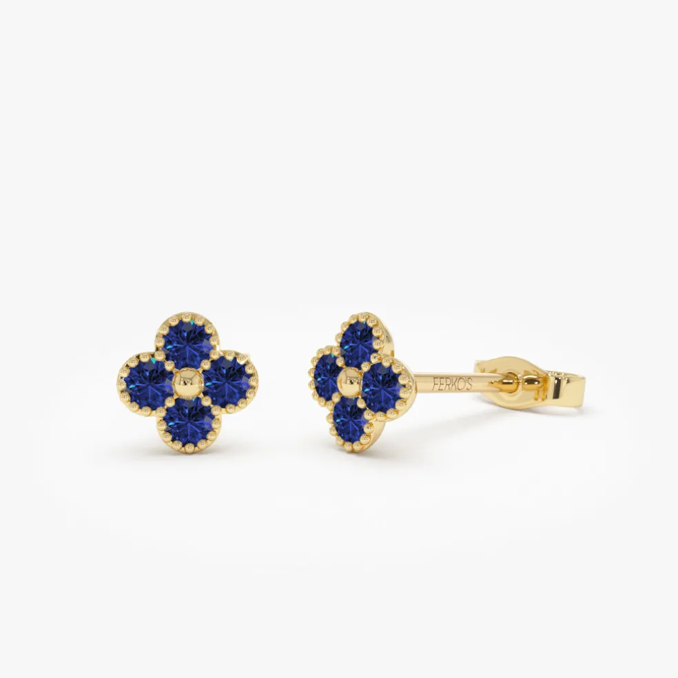 14k Sapphire Clover Beaded Studs