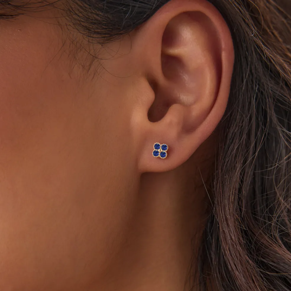 14k Sapphire Clover Beaded Studs