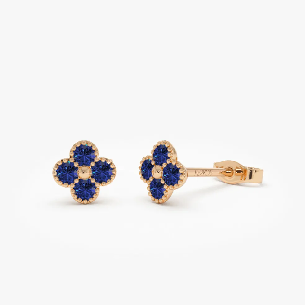 14k Sapphire Clover Beaded Studs