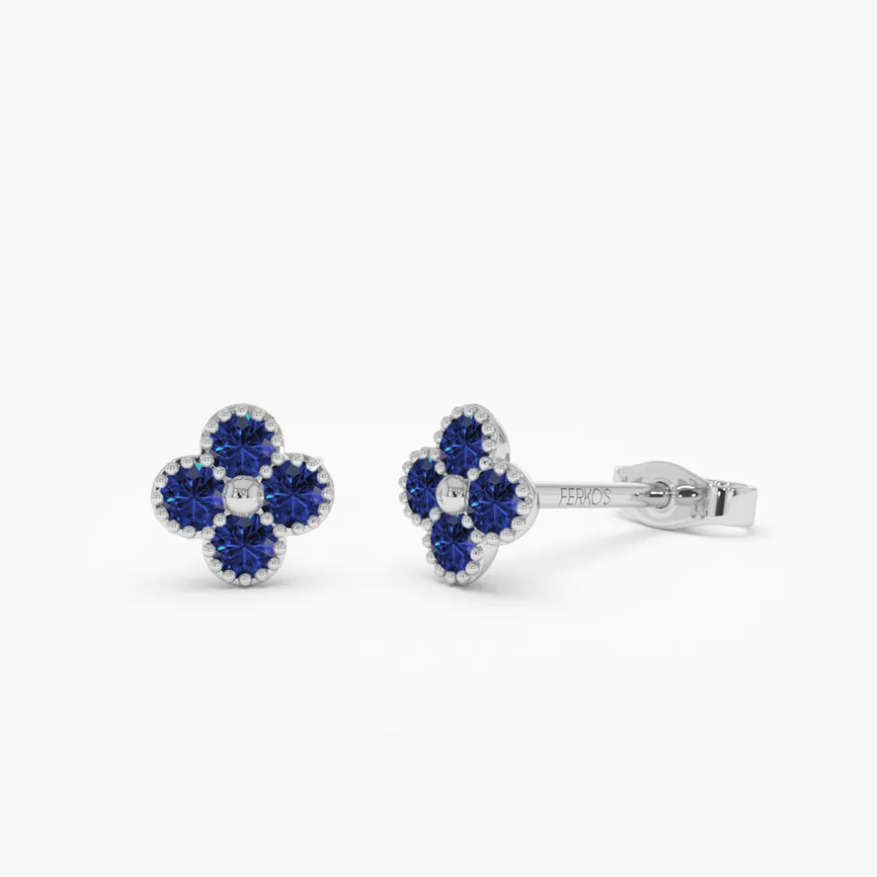 14k Sapphire Clover Beaded Studs