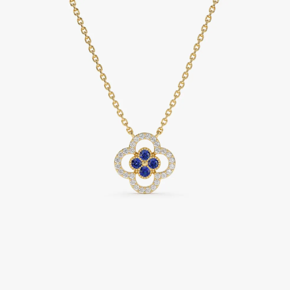 14k Sapphire Clover Necklace in Halo Setting