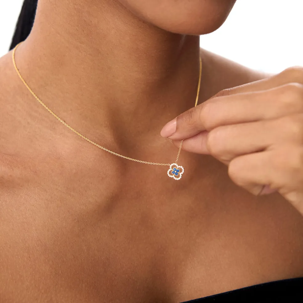 14k Sapphire Clover Necklace in Halo Setting