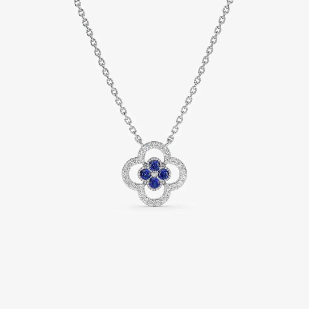 14k Sapphire Clover Necklace in Halo Setting