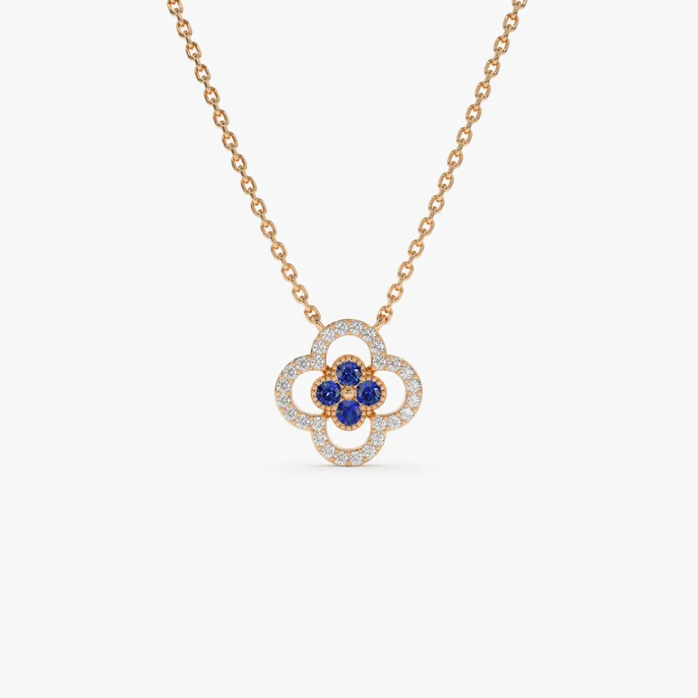 14k Sapphire Clover Necklace in Halo Setting