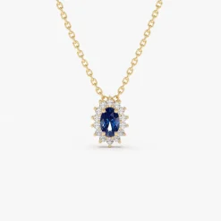 14k Sapphire Necklace with Halo Diamonds Necklace