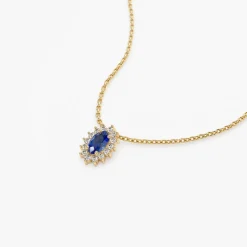 14k Sapphire Necklace with Halo Diamonds Necklace