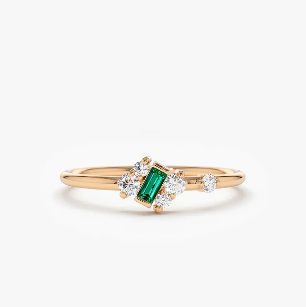 14k Slanted Baguette Emerald Ring