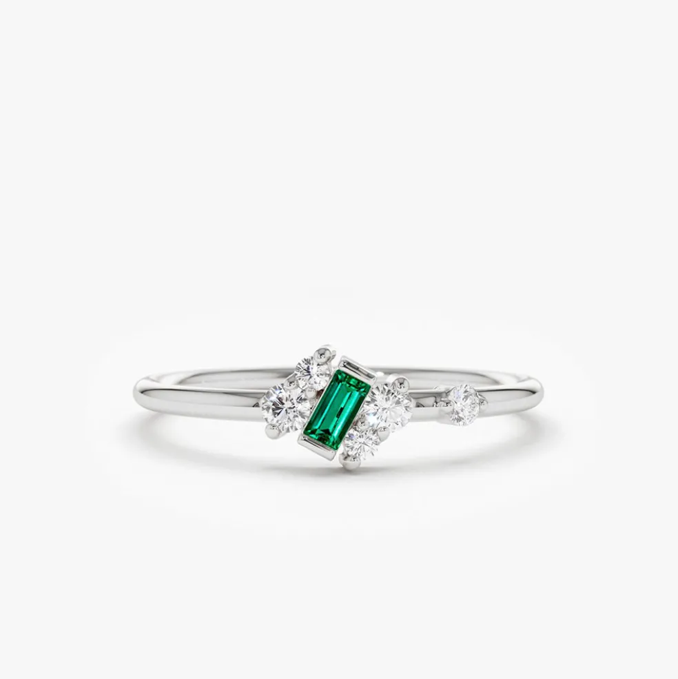 14k Slanted Baguette Emerald Ring