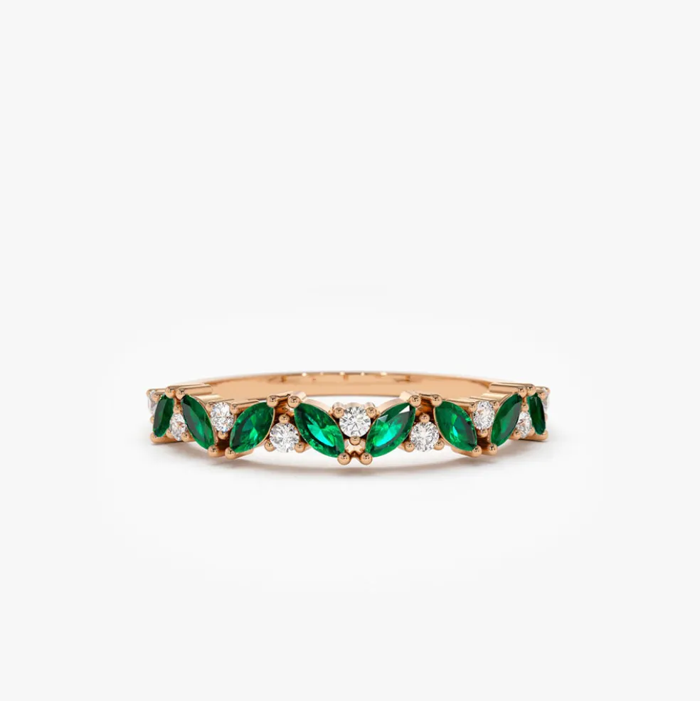14k Slanted Emerald and Round Diamond Ring
