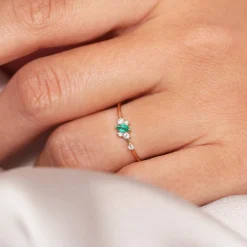 14k Slanted Marquise Emerald and Diamond Ring