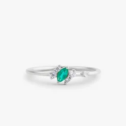 14k Slanted Marquise Emerald and Diamond Ring