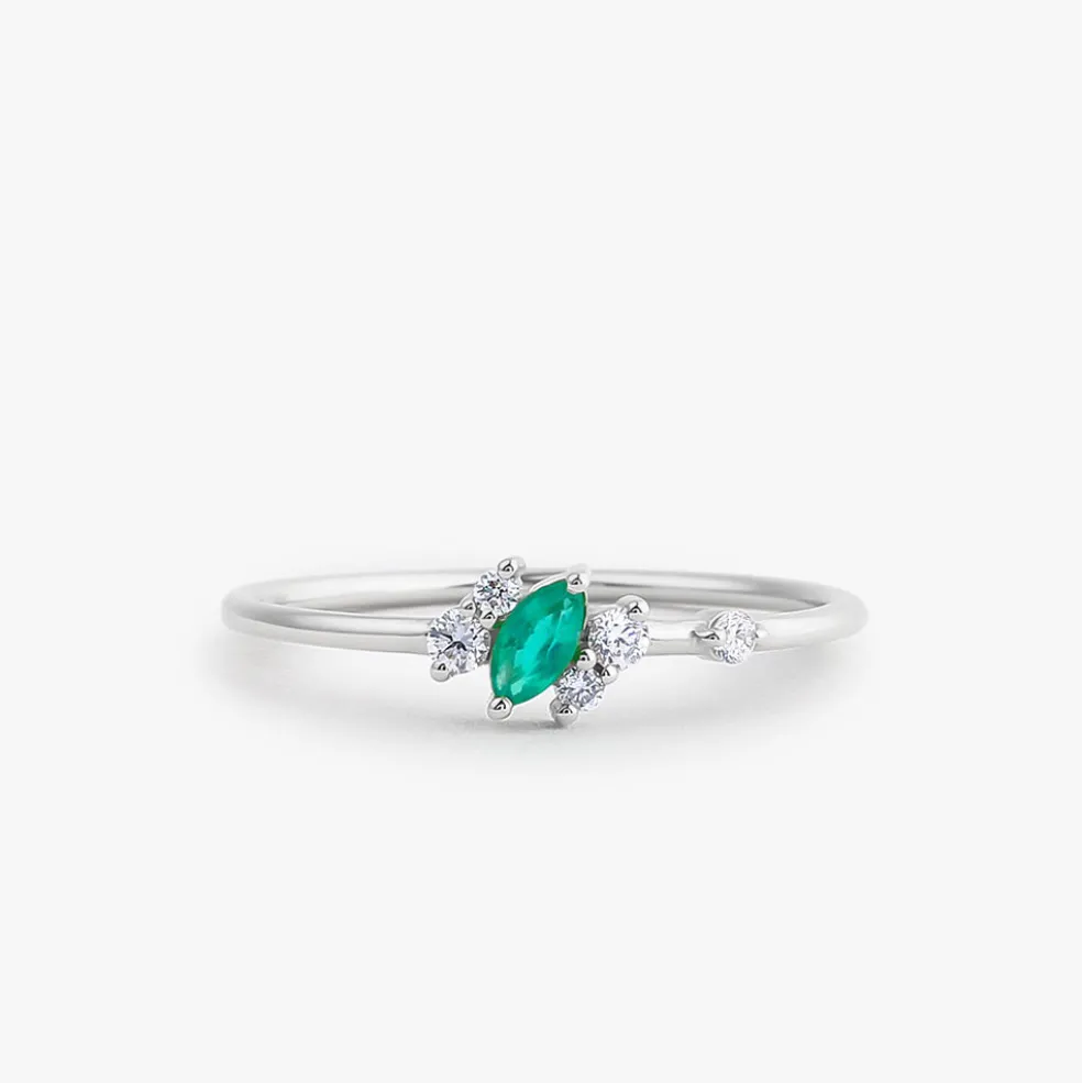 14k Slanted Marquise Emerald and Diamond Ring