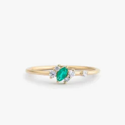 14k Slanted Marquise Emerald and Diamond Ring