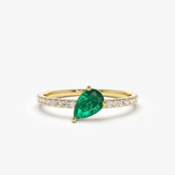 14k Slanted Pear Shape Emerald Ring with Pave Diamonds
