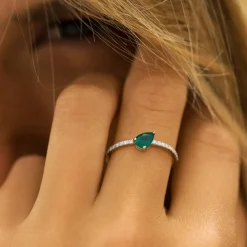 14k Slanted Pear Shape Emerald Ring with Pave Diamonds