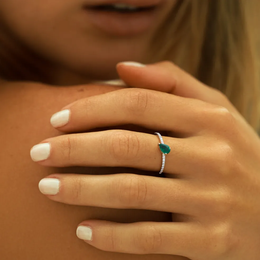 14k Slanted Pear Shape Emerald Ring with Pave Diamonds