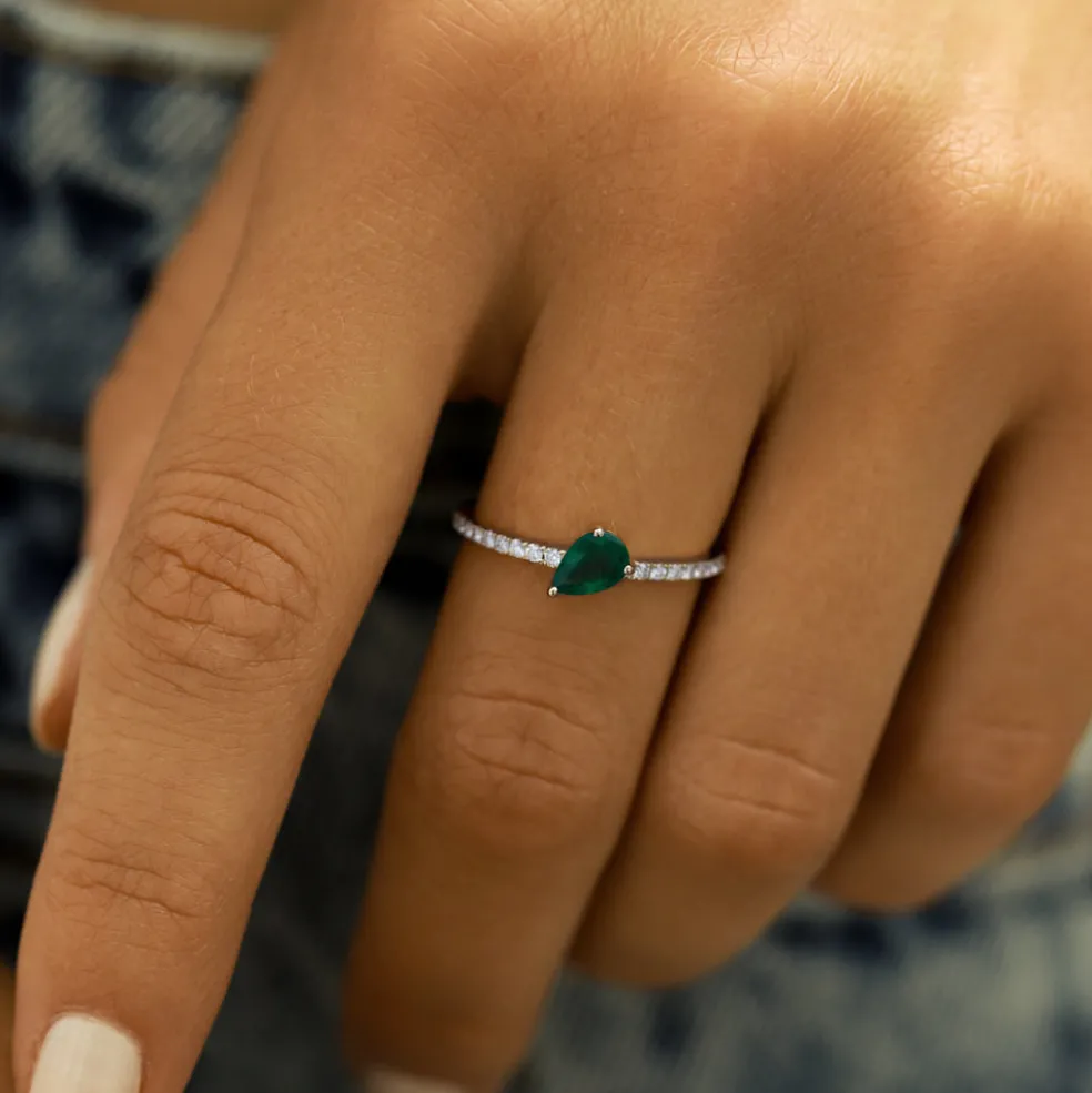 14k Slanted Pear Shape Emerald Ring with Pave Diamonds