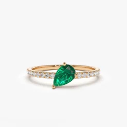 14k Slanted Pear Shape Emerald Ring with Pave Diamonds