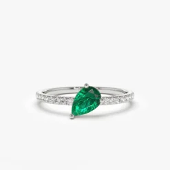 14k Slanted Pear Shape Emerald Ring with Pave Diamonds