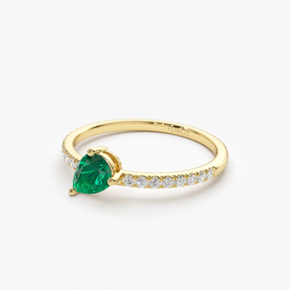 14k Slanted Pear Shape Emerald Ring with Pave Diamonds