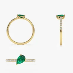 14k Slanted Pear Shape Emerald Ring with Pave Diamonds