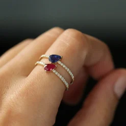 14k Slanted Pear Shape Ruby Ring with Pave Diamonds