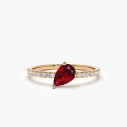 14k Slanted Pear Shape Ruby Ring with Pave Diamonds