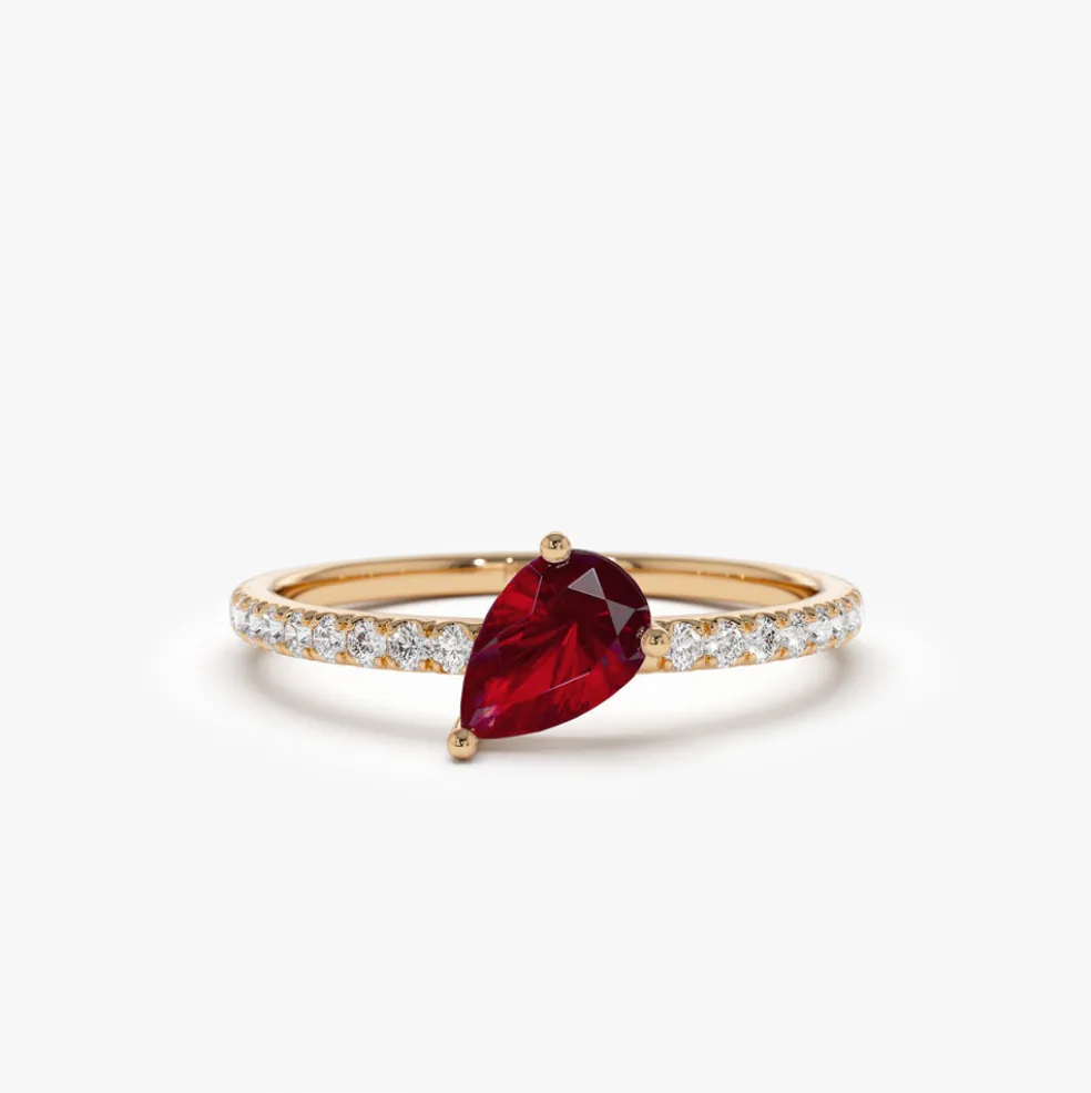 14k Slanted Pear Shape Ruby Ring with Pave Diamonds