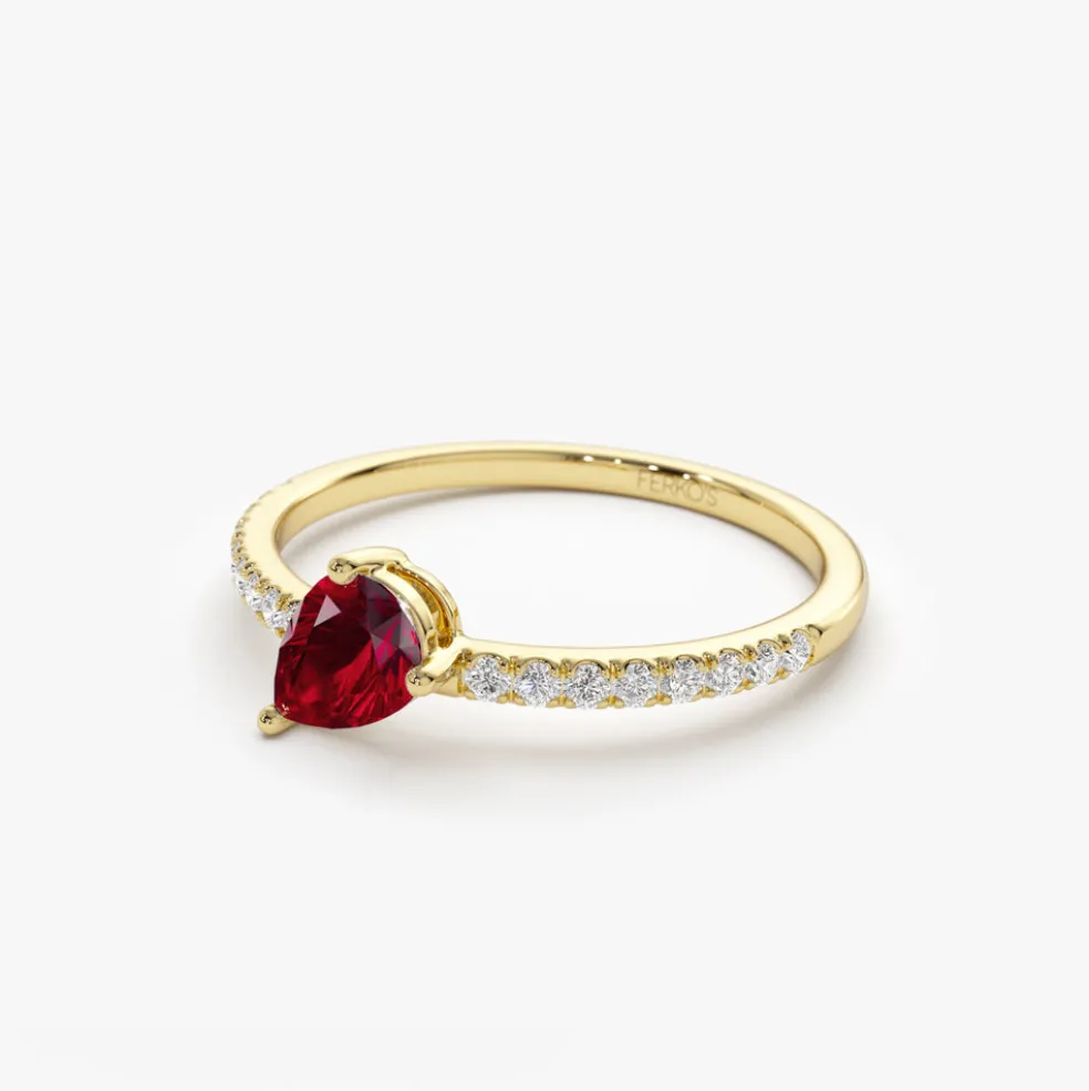 14k Slanted Pear Shape Ruby Ring with Pave Diamonds
