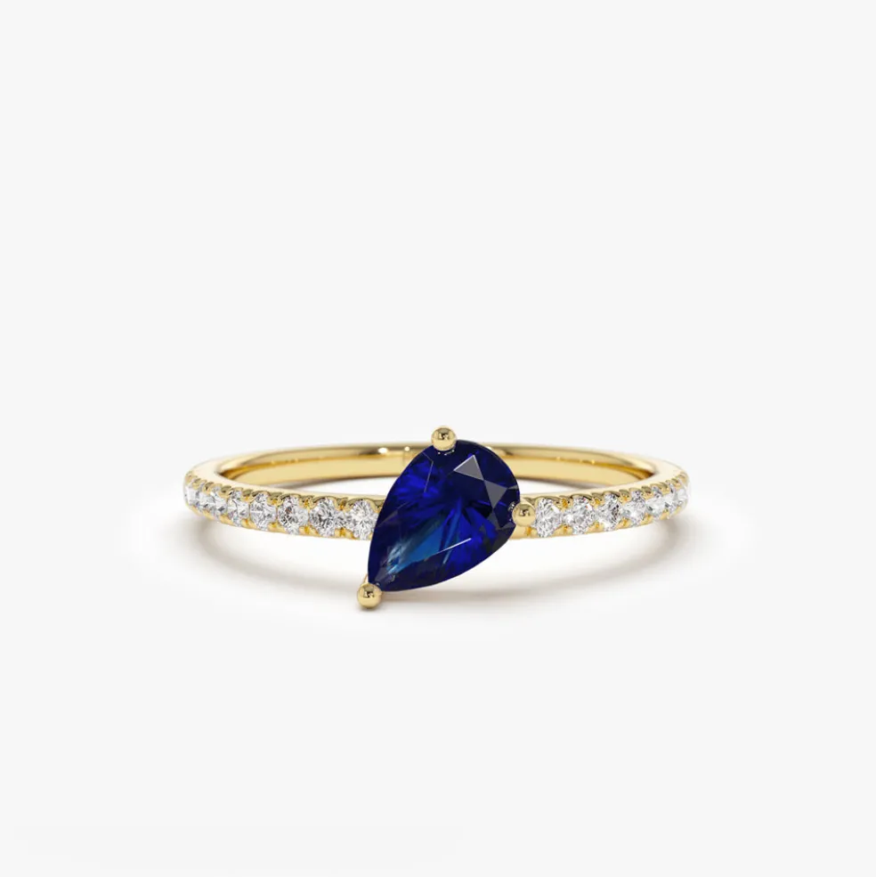 14k Slanted Pear Shape Sapphire Ring with Pave Diamonds