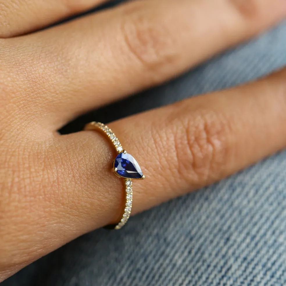 14k Slanted Pear Shape Sapphire Ring with Pave Diamonds