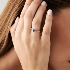 14k Slanted Pear Shape Sapphire Ring with Pave Diamonds