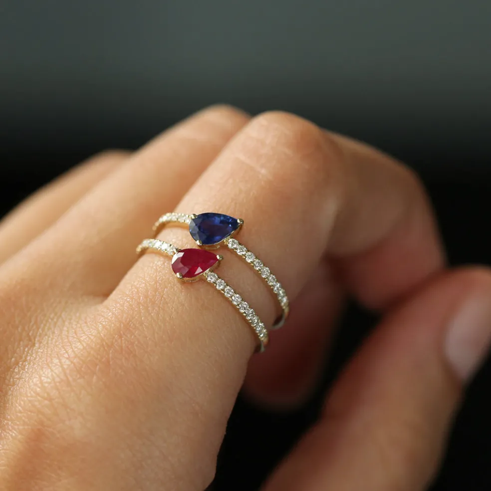 14k Slanted Pear Shape Sapphire Ring with Pave Diamonds