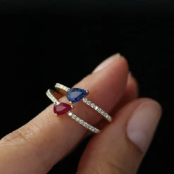 14k Slanted Pear Shape Sapphire Ring with Pave Diamonds