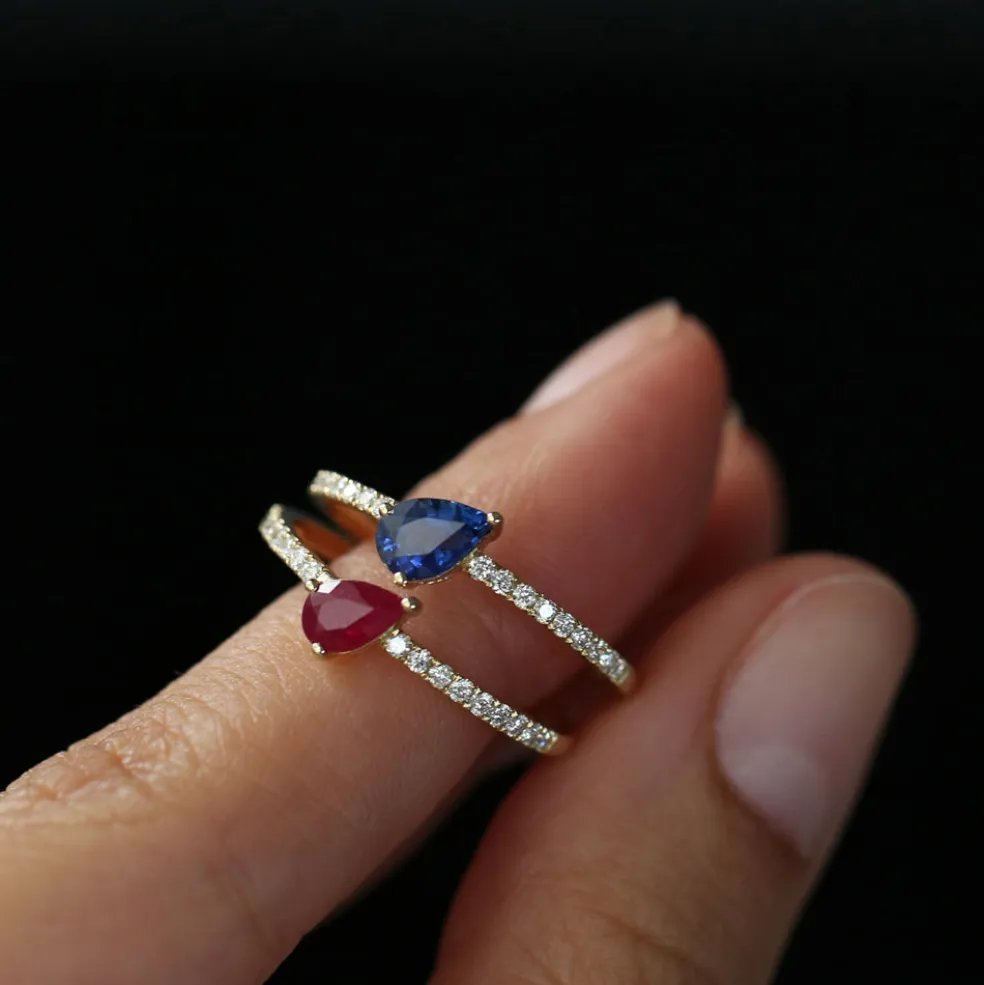 14k Slanted Pear Shape Sapphire Ring with Pave Diamonds