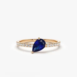14k Slanted Pear Shape Sapphire Ring with Pave Diamonds