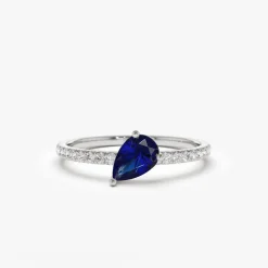 14k Slanted Pear Shape Sapphire Ring with Pave Diamonds